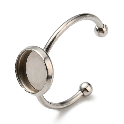 304 Stainless Steel Open Cuff Ring Findings, Bezel Cup Ring Settings with 201 Stainless Steel Tray, Flat Round