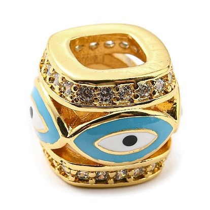 Rack Plating Brass Micro Pave Cubic Zirconia European Beads, with Enamel, Large Hole Beads, Lead Free & Cadmium Free, Barrel with Evil Eye, Real 18K Gold Plated
