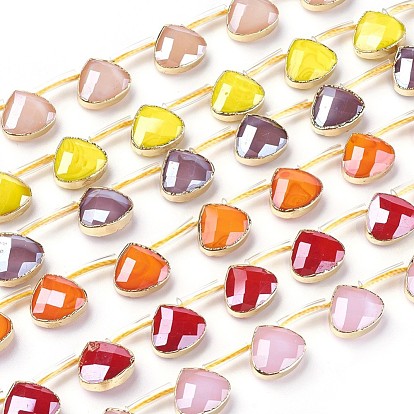 Opaque Glass Beads Strands, Top Drilled Beads, with Golden Tone Brass Findings, Pearl Luster Plated, Faceted, Teardrop