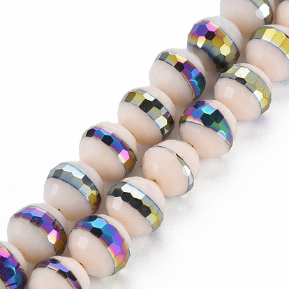 Electroplate Opaque Solid Color Glass Beads Strands, Rainbow Color Plated, Faceted, Round
