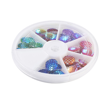 Resin Cabochons, Flat Round with Mermaid Fish Scale