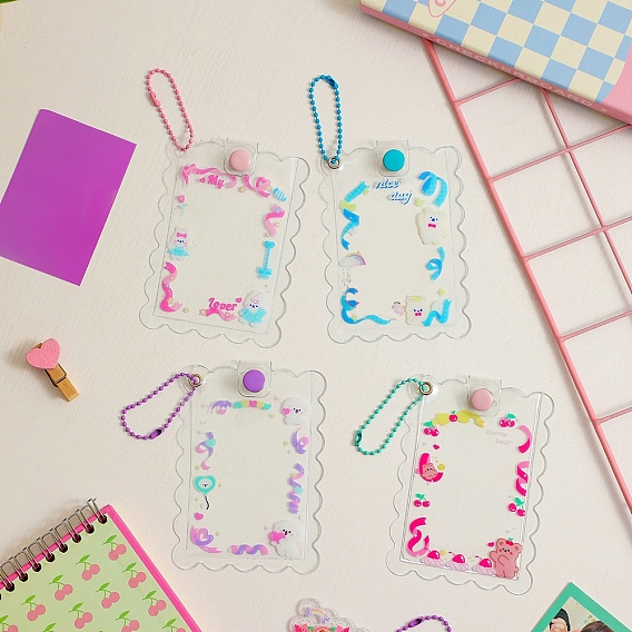 PVC Photocard Sleeve Keychain, with Ball Chains, Wave-Edged Rectangle with Ribbon Pattern