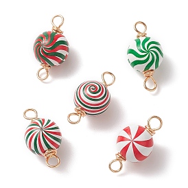 Copper Wire Wrapped Natural Wooden Connector Charms, Christmas Theme Printed Round with Vortex Pattern