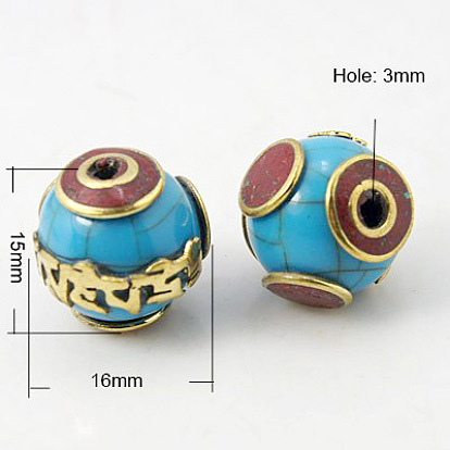 Perles de style à la main tibétains, avec turquoise, ronde, 16x15mm, Trou: 3mm