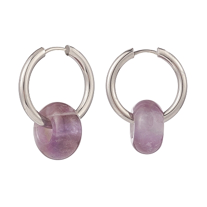 Natural Sodalite & Rose Quartz & Tiger Eye & Amethyst & Obsidian Bead Huggie Hoop Earrings, 201 Stainless Steel Huggie Hoop Earrings