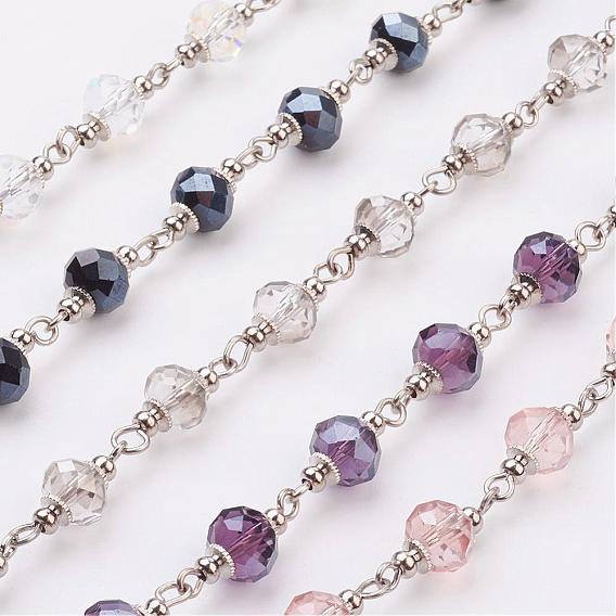 Faceted Glass Handmade Beaded Chains, Unwelded, with Iron Eye Pin and Plastic Plug, Platinum