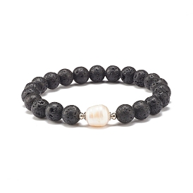 Natural Pearl & Lava Rock Beaded Stretch Bracelet, Essential Oil Gemstone Jewelry for Women