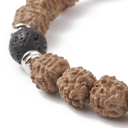 Bracelet de perles de mala, Bracelet extensible perlé tête de bouddha en bois de rudraksha naturel et roche de lave pour hommes femmes