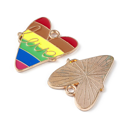 Rainbow Color Pride Alloy Enamel Pendants, Heart with Word Love Charm, Light Gold