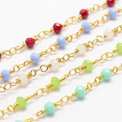 Handmade Glass Beaded Chains, with Spool, Unwelded, Faceted Rondelle, Imitation Jade, with Brass Findings, Golden