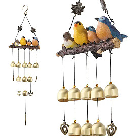 Oiseaux en résine, cloche en métal et plumes en bois, décor de carillon à vent suspendu, pour les ornements suspendus à la maison