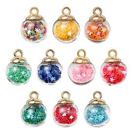 10Pcs Glass Ball Pendants, with Glitter Sequins Star Inside & Golden CCB Plastic Pendant Bails, Round Charms