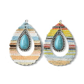 Teardrop Alloy & Synthetic Turquoise & Imitation Leather Big Pendants, with Iron Jump Ring