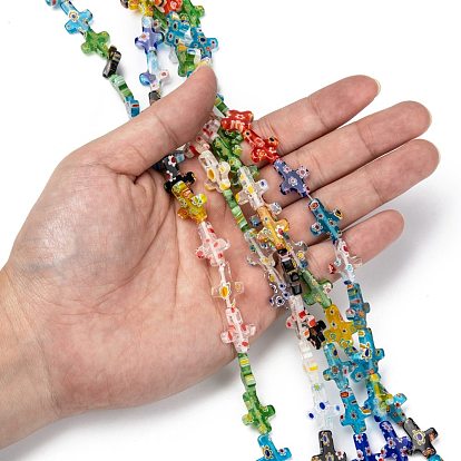 Croix à la main perles de verre de millefiori brins, 17x14x3mm, Trou: 1.5mm, Environ 21 pcs/chapelet, 14.1 pouce