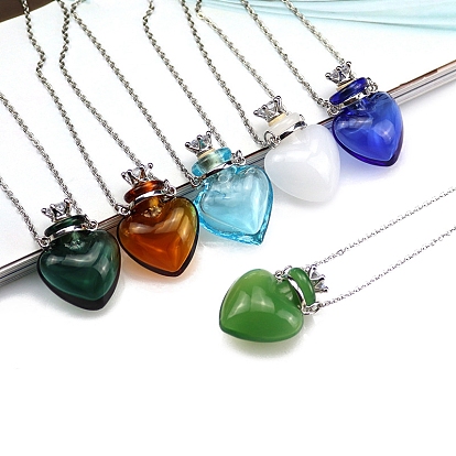 Lampwork Heart Perfume Bottle Necklaces, Pendant Necklace with Stainless Steel Chains