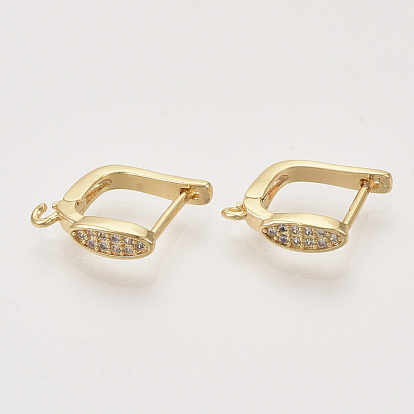 Brass Micro Pave Cubic Zirconia Hoop Earring Findings with Latch Back Closure, Nickel Free, with Horizontal Loop, Oval