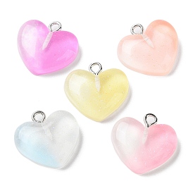 Gradient Color Transparent Resin Pendants, Glitter Heart Charms with Platinum Plated Iron Loops