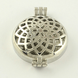 Rack Plating Hollow Brass Diffuser Locket Pendants, Flat Round with Flower, 44x33x11mm, Hole: 3.5~4mm, inner measure: 30mm