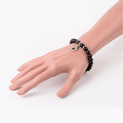 Alloy Charm Bracelets, Black Stone Stretch Bracelets, Hamsa Hand/Hand of Fatima /Hand of Miriam