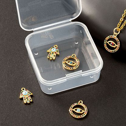 4Pcs 2 Style Brass Micro Pave Cubic Zirconia Charms, with Enamel, Hamsa Hand/Hand of Miriam & Ring with Evil Eye