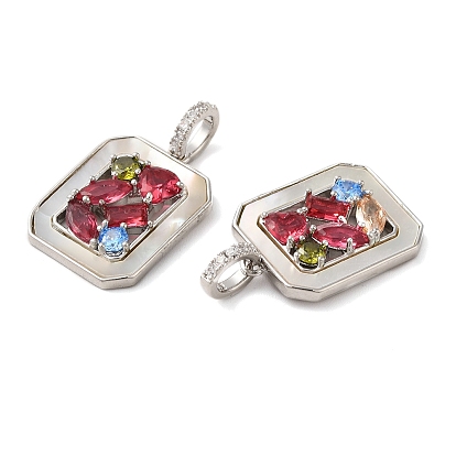 Brass Micro Pave Cubic Zirconia Pendants, with Colorful Rhinestone, Rectangle Charms