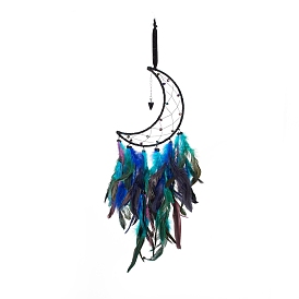 Iron Wire Woven Web/Net with Feather Pendant Decorations, with Plastic Beads, Blue Goldstone Dangle Cone Pendants, Covered with Corduroy, Moon