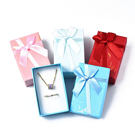Boîte à bijoux en carton, avec ruban bowknot à l'extérieur et éponge blanche à l'intérieur, rectangle avec motif de feuille