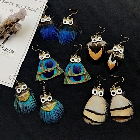 Alloy Owl with Feather Dangle Earrings, Long Drop Earrings for Women