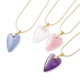 Heart Natural Gemstone Pendant Necklaces, Brass Snake Chain Necklace for Women