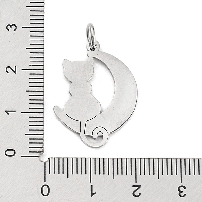 304 Stainless Steel Pendants, with Jump Ring and Glitter, Stamping Blank Tag, Moon with Cat Charm