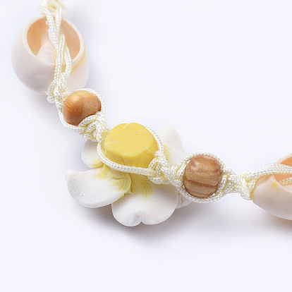 Adjustable Nylon Thread Braided Bead Necklaces, with Cowrie Shell Beads, Wood Beads and Polymer Clay 3D Flower Plumeria Beads