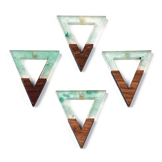Colgantes de resina transparente y madera de nogal, con polvo del brillo, encantos de triángulo hueco