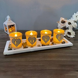 4Pcs Column with Heart Glass Candle Holders with Word Love, with Wooden Base, Tealight Candlestick Holder for Home Decoration