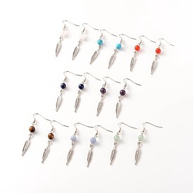 Feather Alloy Gemstone Dangle Earrings, with Brass Earring Hooks, 55mm, Pin: 0.7mm