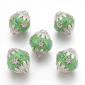 Perles Indonésiennes manuelles, avec de l'argile polymère, strass et métal, ovale avec des fleurs