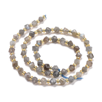 Natural Labradorite Beads Strands, with Seed Beads, Faceted, Diagonal Cube Beads