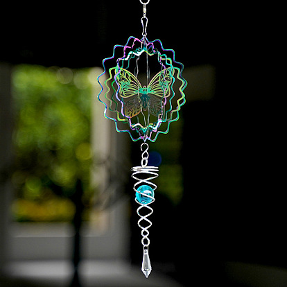 Metal 3D Wind Spinner, with Glass Beads, for Outdoor Courtyard Garden Hanging Decoration, Rainbow Color