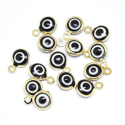 Handmade Evil Eye Lampwork Charms, with Brass Findings, Flat Round