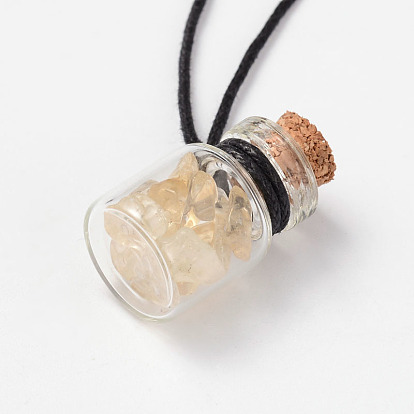 Beautiful Design Adjustable Glass Wishing Bottle Pendant Necklaces, with Waxed Cord, Stone Beads and Wooden Bungs, 13.3 inch ~26.3 inch 