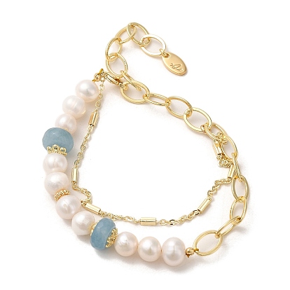 Natural Aquamarine & Pearl Beaded Bracelets, with Brass Chains