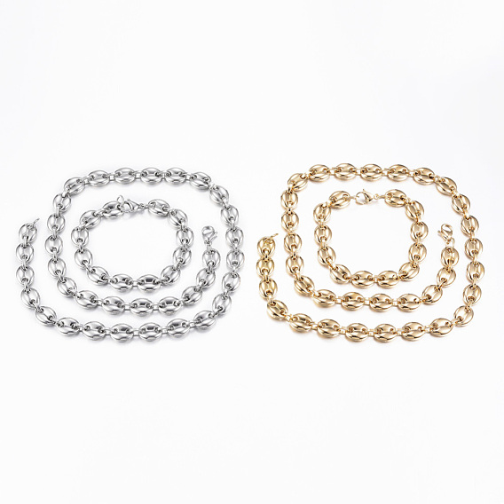 304 définit bijoux en acier inoxydable, colliers et bracelets en chaîne de grains de café, avec fermoir pince de homard, ovale