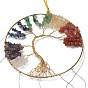 Chakra plat rond avec arbre de vie carillons éoliens enveloppés de fil, avec des éclats de perles de pierres précieuses naturelles et des pendentifs en agate naturelle