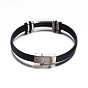 Rectangle Black Color PU Leather ID Cord Bracelets, with 304 Stainless Steel Findings and Watch Band Clasps, 220x10mm