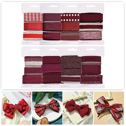 9 yards 3 styles ruban en polyester, pour le bricolage fait main, nœuds de cheveux et décoration de cadeaux, palette de couleurs rouge foncé