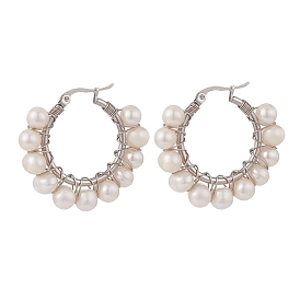 Boucles d'oreilles créoles tressées en perles naturelles, 304 bijoux en fil d'acier inoxydable pour femmes