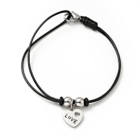 304 Stainless Steel Heart with Word Love Charm Bracelet with Waxed Cord for Women