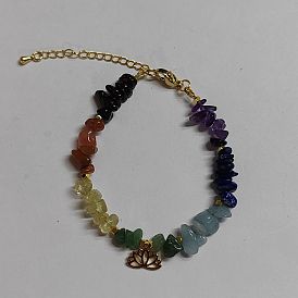 Brass Lotus Flower Charm Bracelet, Natural Mixed Gemstone Chips Beaded Bracelet for Women