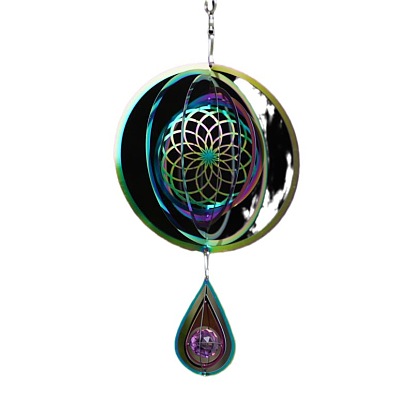 Metal 3D Wind Spinner, with Glass Beads, for Outdoor Courtyard Garden Hanging Decoration, Rainbow Color