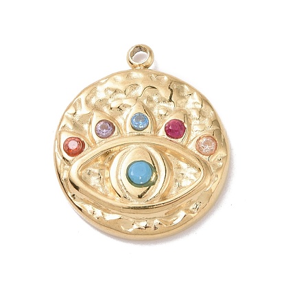 304 Stainless Steel Evil Eye Pendants, with Colorful Rhinestone and 201 Stainless Steel Snap on Bails, Golden