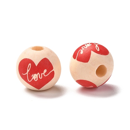 Printed Wood European Beads, Large Hole Beads, Round with Heart and Word Love Pattern